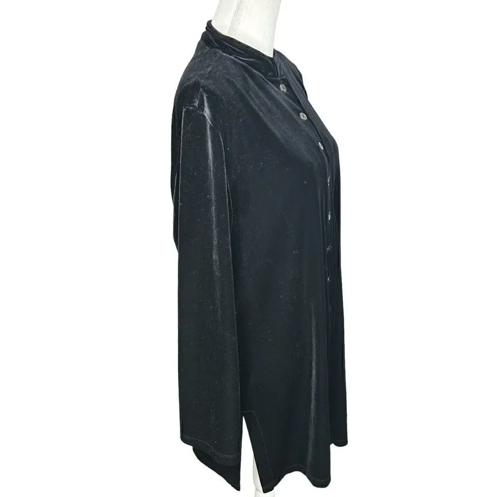 Chicos Black Velvet Long Sleeve Mock Neck Button Down Jacket Tunic Cardigan Size